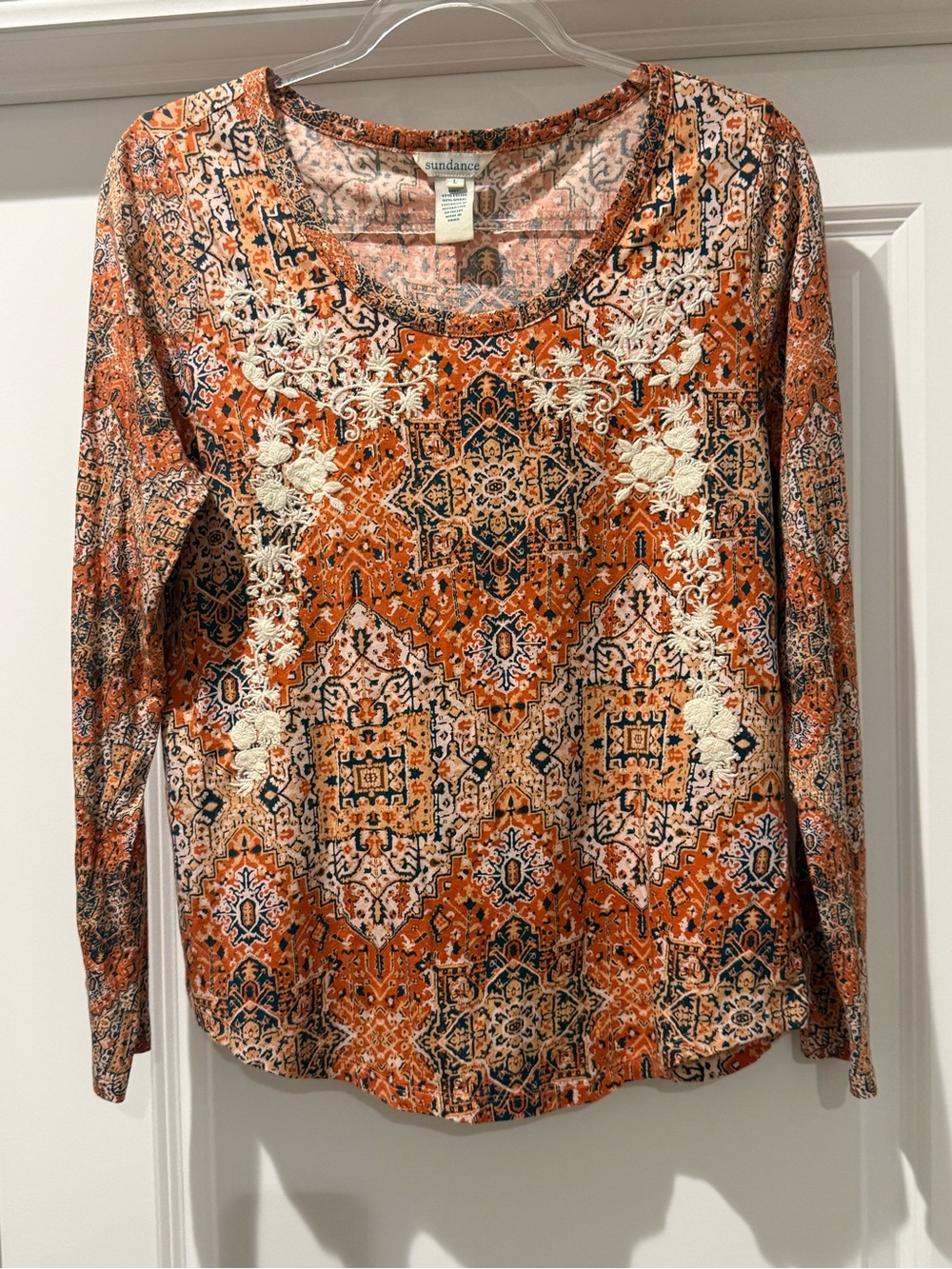 Sundance Rust Tapestry Print Embroidered Long Sleeve Top - Size L